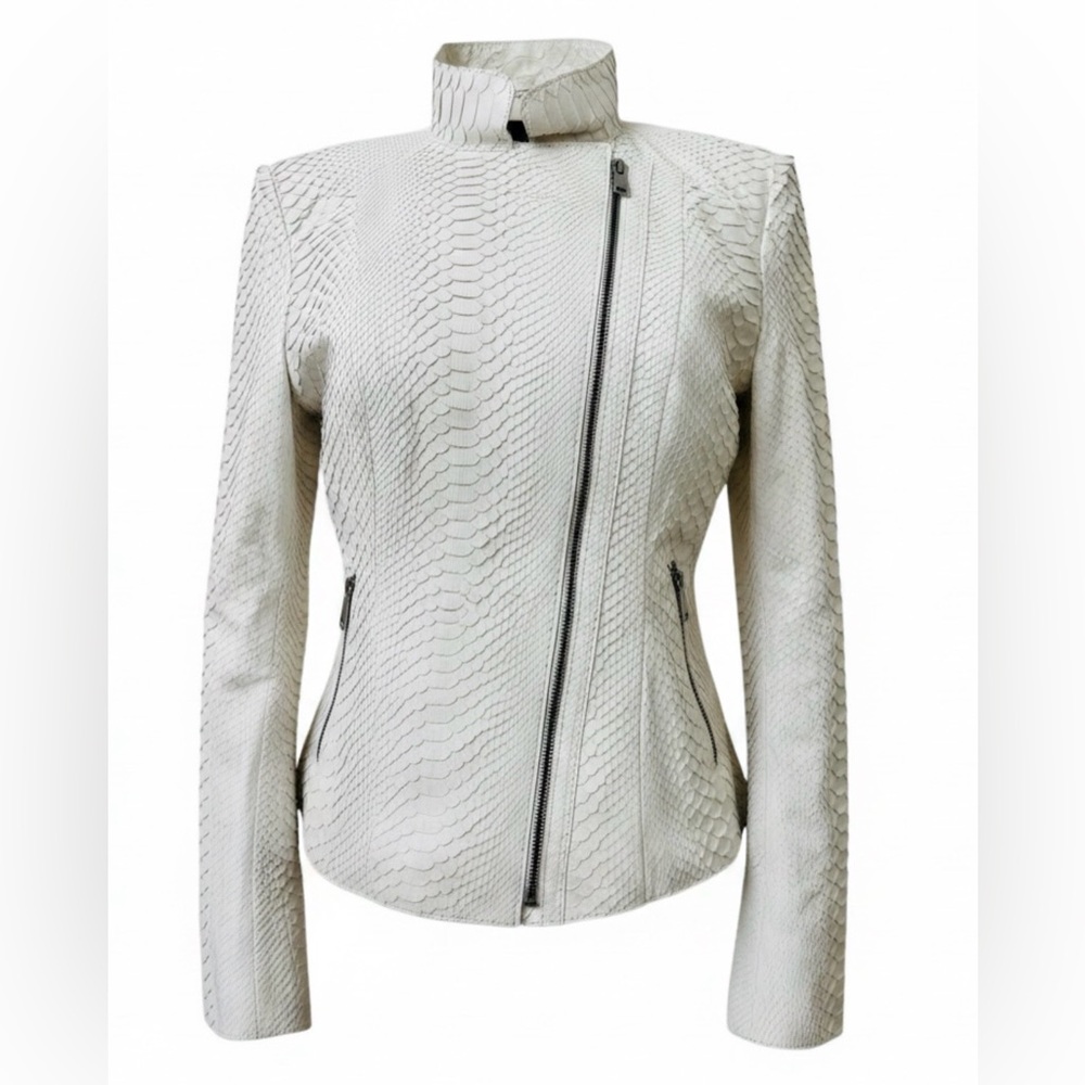 SACHA PACHA White Genuine Python Leather Moto Jacket Tagged XL Fits Medium